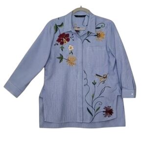 Zara Woman Blue & White Striped Floral Embroidered Button Down Shirt Size L